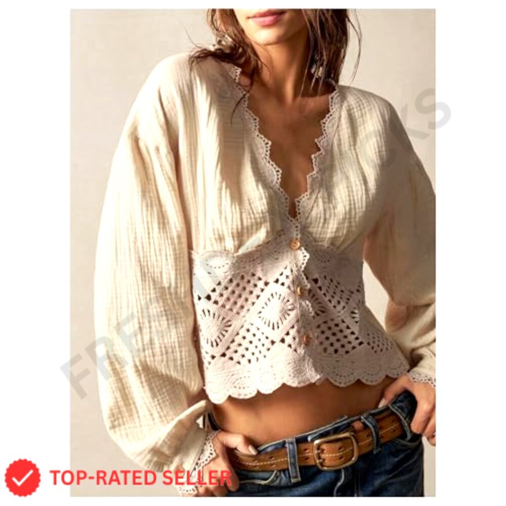 Crochet Patchwork Boho Blouse Deep V Neck Button … - image 2